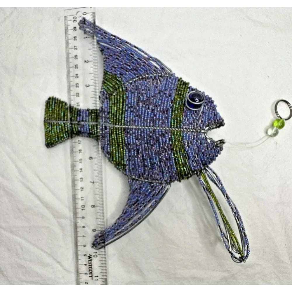 AngelFish Glass Beaded Hanging Decor 3D Blue Green Seed Beads Metal sealife